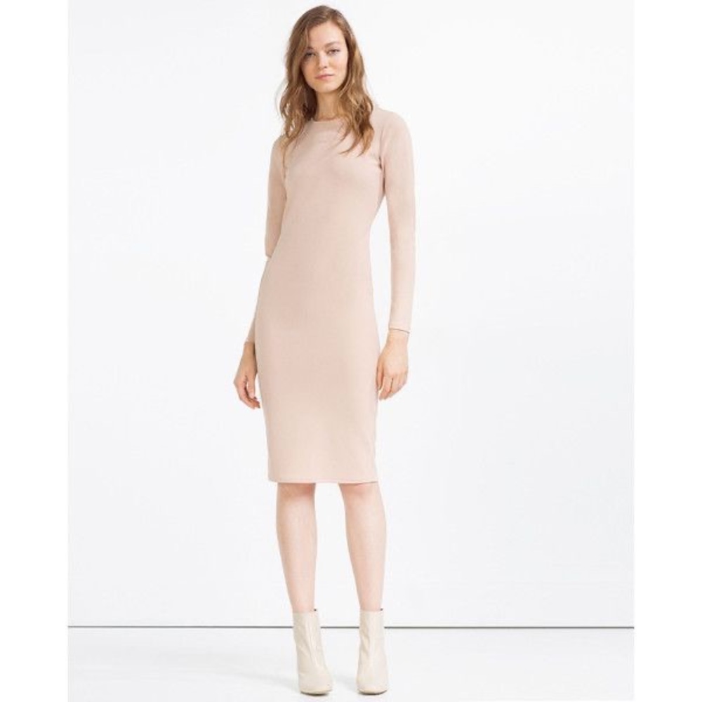 Zara Nude Beige Low Back Long Bodycone Dress Small